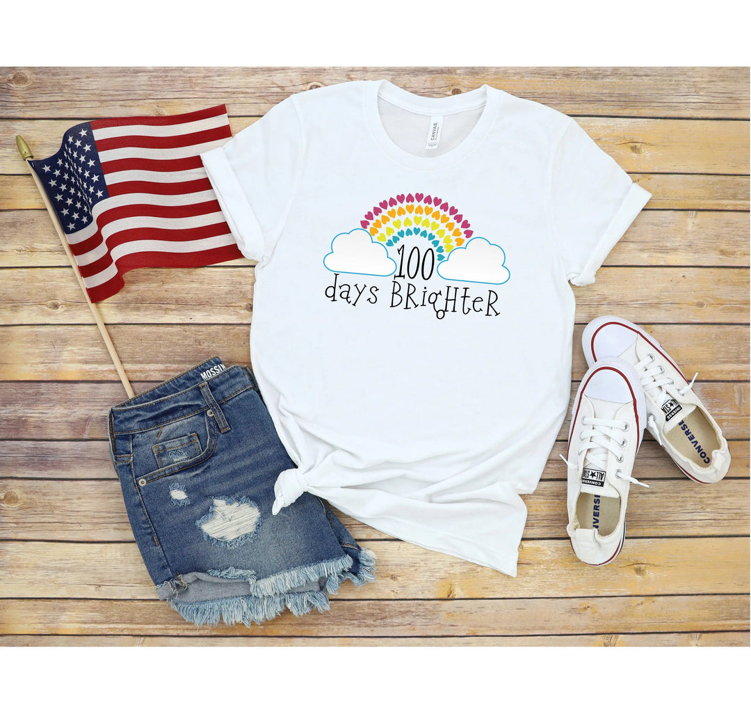 100 Days Brighter Shirt - Rainbow Heart Teacher Life & Celebration Tee Cypress DTF