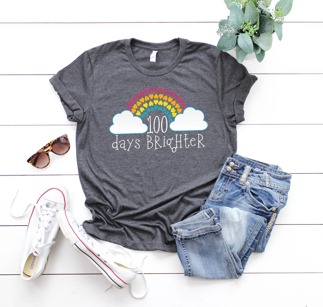 100 Days Brighter Shirt - Rainbow Heart Teacher Life & Celebration Tee Cypress DTF