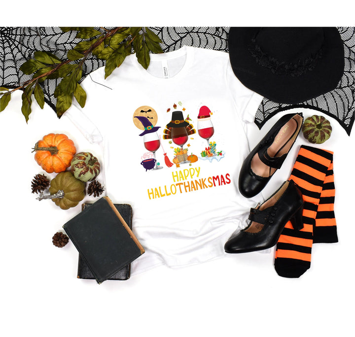 Happy HalloThanksMas Wine Shirt | Funny Holiday Shirt Cypress DTF
