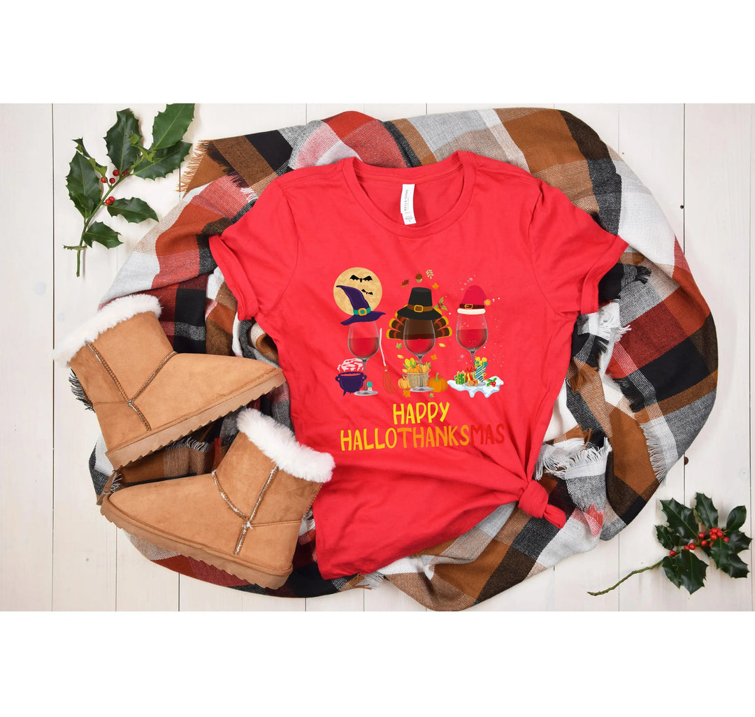 Happy HalloThanksMas Wine Shirt | Funny Holiday Shirt Cypress DTF