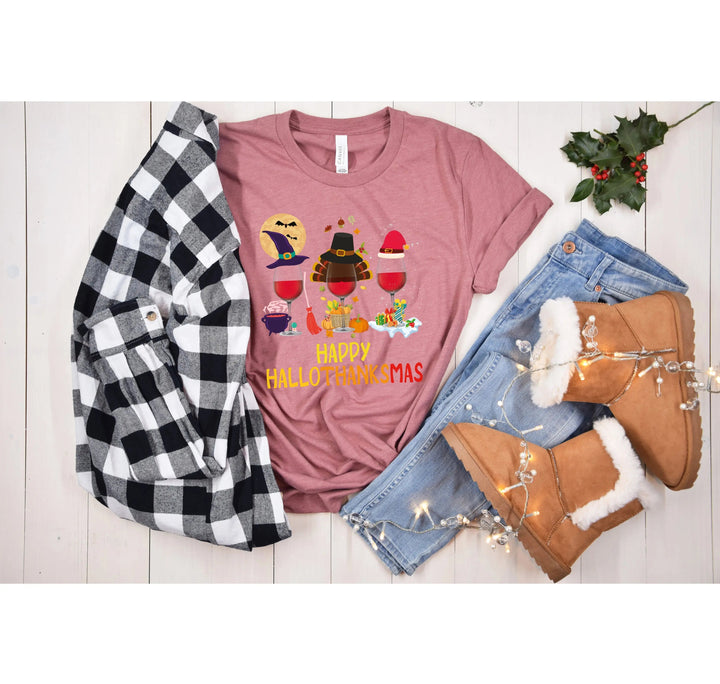 Happy HalloThanksMas Wine Shirt | Funny Holiday Shirt Cypress DTF