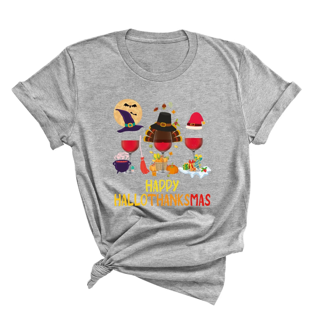 Happy HalloThanksMas Wine Shirt | Funny Holiday Shirt Cypress DTF