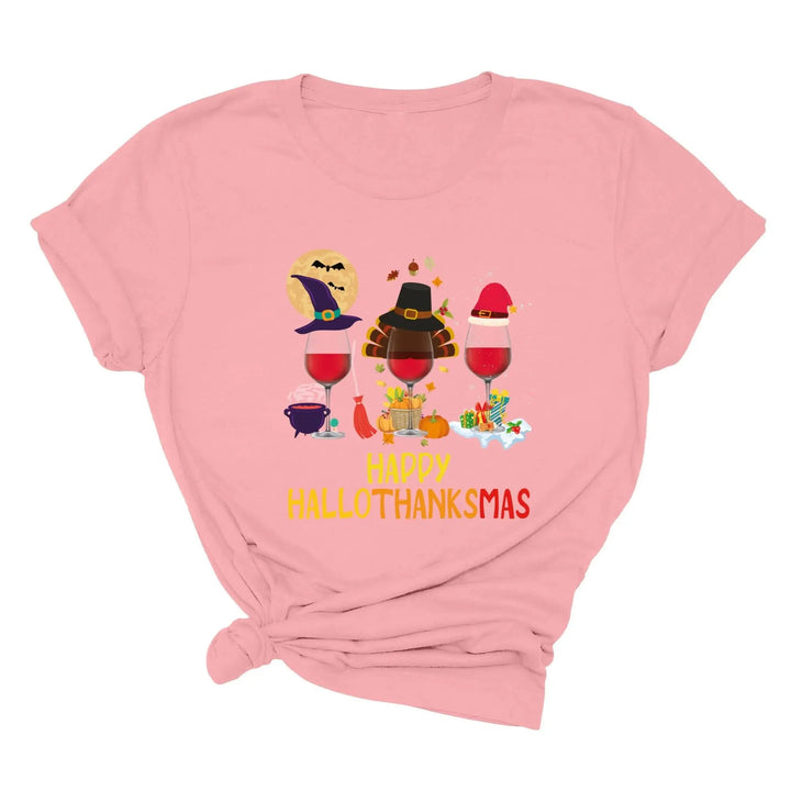Happy HalloThanksMas Wine Shirt | Funny Holiday Shirt Cypress DTF