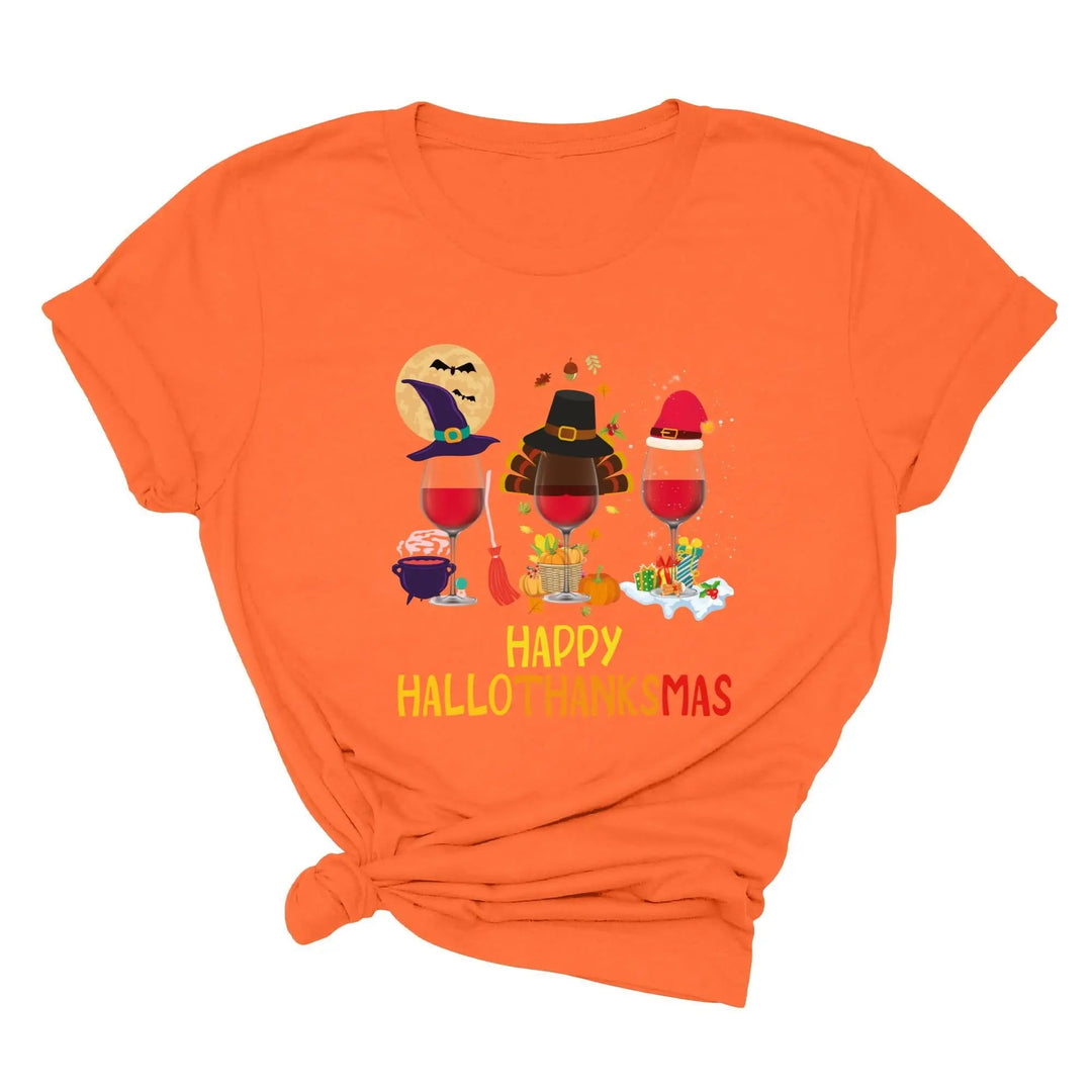Happy HalloThanksMas Wine Shirt | Funny Holiday Shirt Cypress DTF
