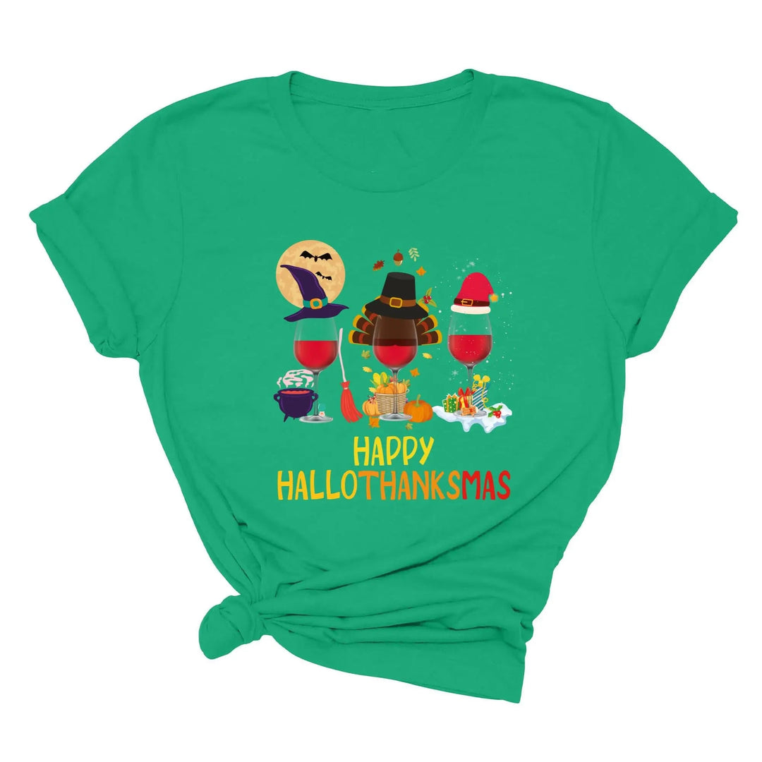 Happy HalloThanksMas Wine Shirt | Funny Holiday Shirt Cypress DTF