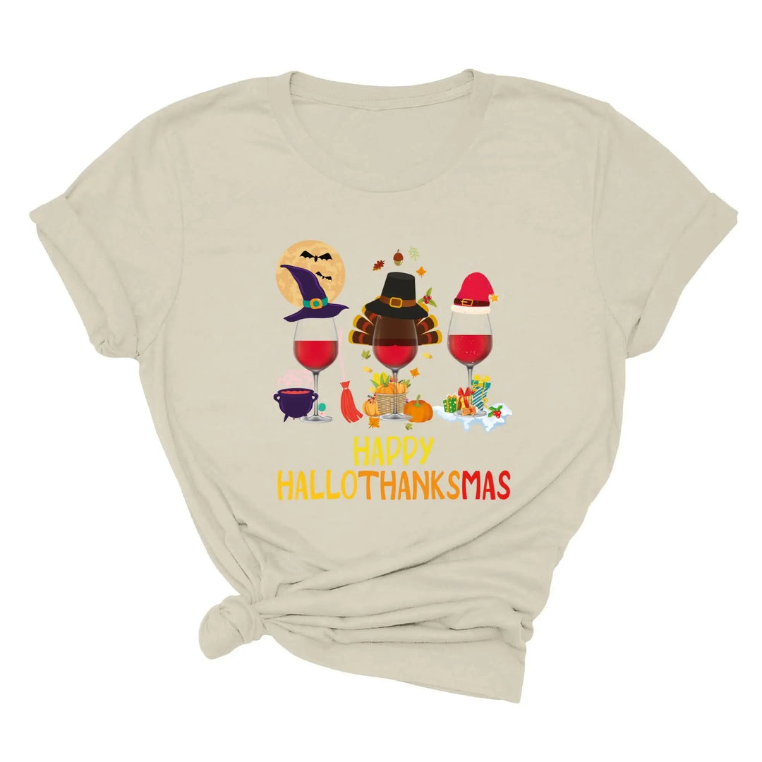 Happy HalloThanksMas Wine Shirt | Funny Holiday Shirt Cypress DTF