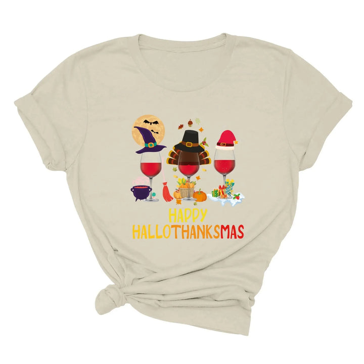 Happy HalloThanksMas Wine Shirt | Funny Holiday Shirt Cypress DTF