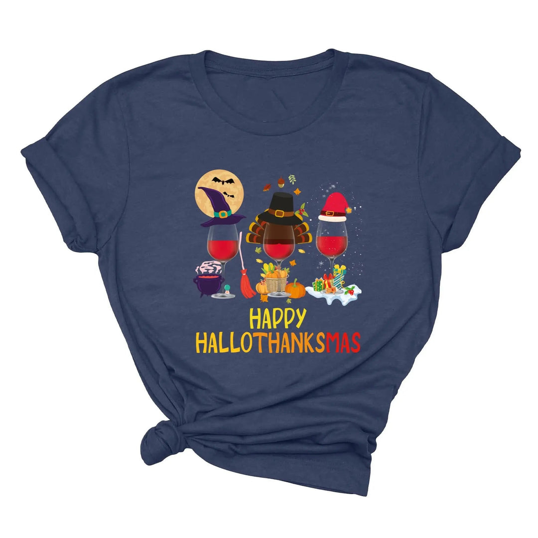 Happy HalloThanksMas Wine Shirt | Funny Holiday Shirt Cypress DTF