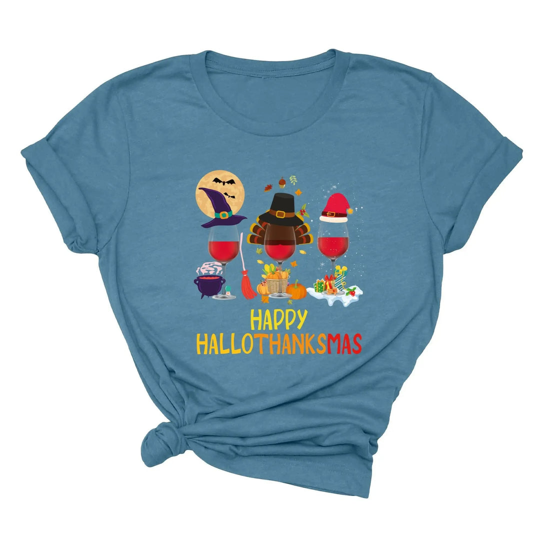 Happy HalloThanksMas Wine Shirt | Funny Holiday Shirt Cypress DTF