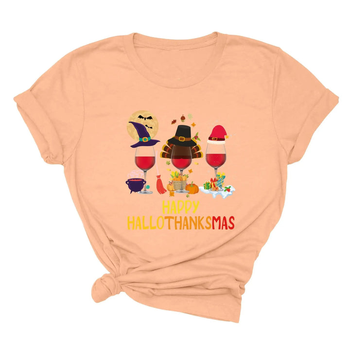 Happy HalloThanksMas Wine Shirt | Funny Holiday Shirt Cypress DTF