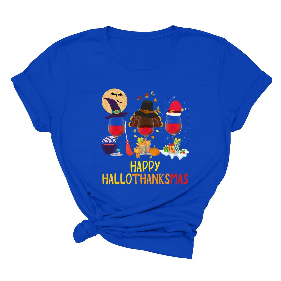 Happy HalloThanksMas Wine Shirt | Funny Holiday Shirt Cypress DTF