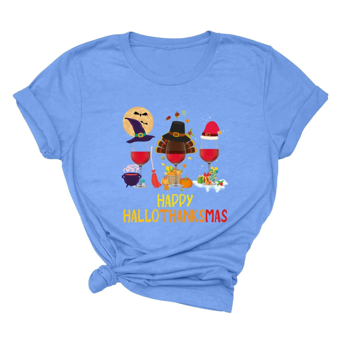 Happy HalloThanksMas Wine Shirt | Funny Holiday Shirt Cypress DTF