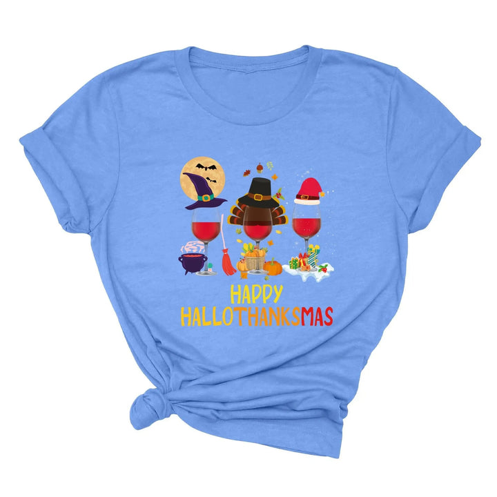Happy HalloThanksMas Wine Shirt | Funny Holiday Shirt Cypress DTF