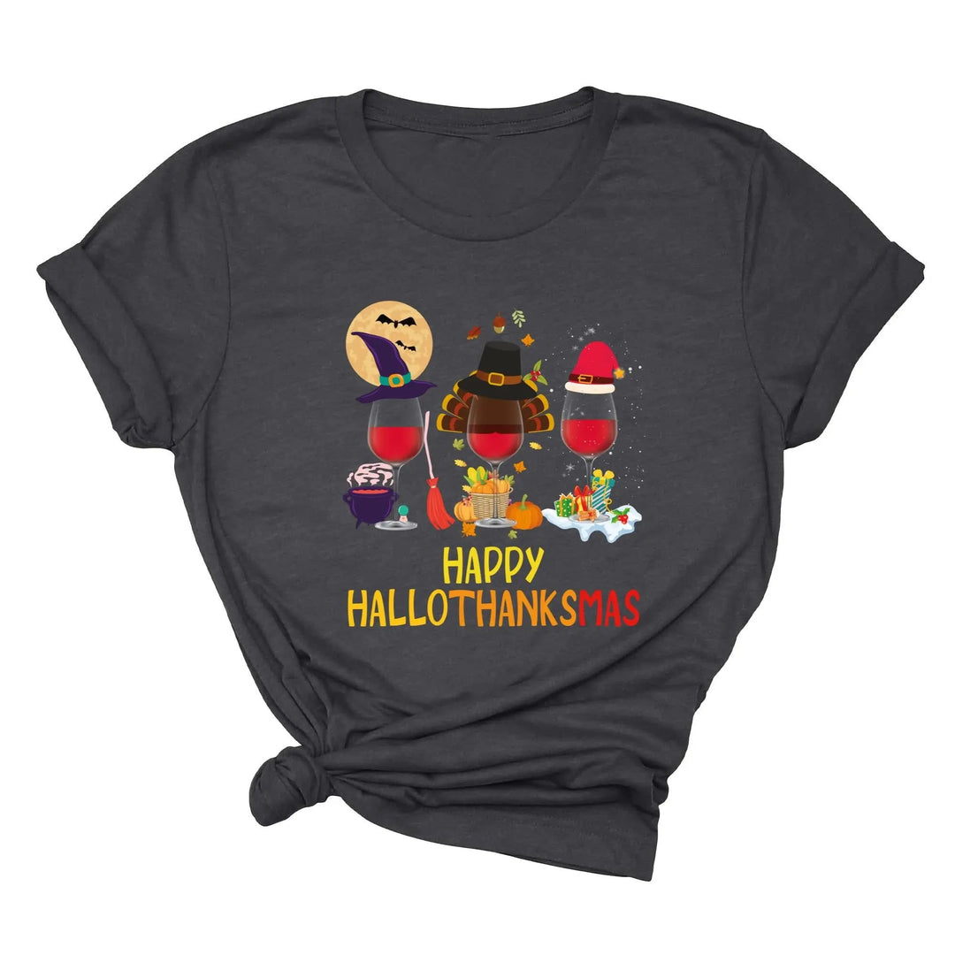 Happy HalloThanksMas Wine Shirt | Funny Holiday Shirt Cypress DTF