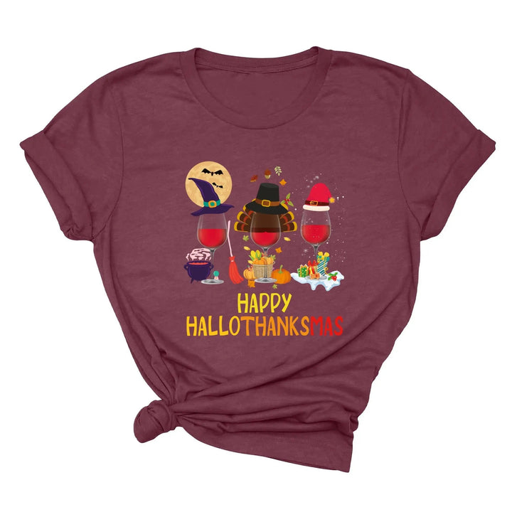 Happy HalloThanksMas Wine Shirt | Funny Holiday Shirt Cypress DTF