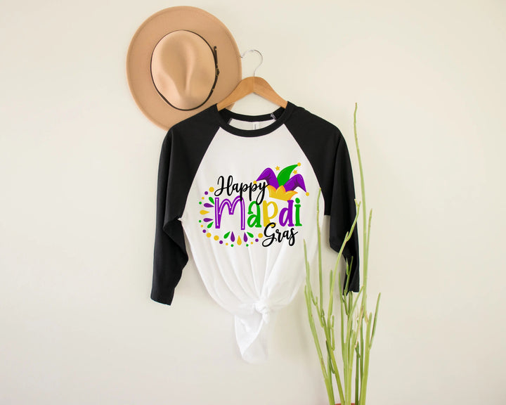 Happy Mardi Gras Beads Fun Unisex Tee Raglan shirt, Mardi Gras Raglan, New Orleans Tee, Mardi Gras Party Carnival Raglan Cypress DTF