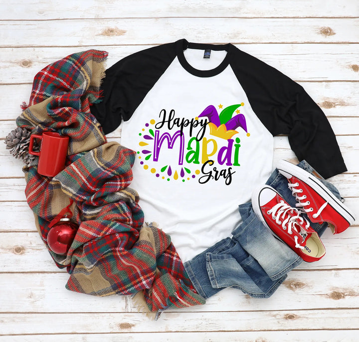 Happy Mardi Gras Beads Fun Unisex Tee Raglan shirt, Mardi Gras Raglan, New Orleans Tee, Mardi Gras Party Carnival Raglan Cypress DTF