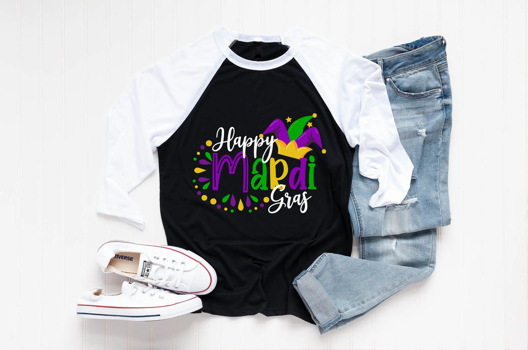 Happy Mardi Gras Beads Fun Unisex Tee Raglan shirt, Mardi Gras Raglan, New Orleans Tee, Mardi Gras Party Carnival Raglan Cypress DTF