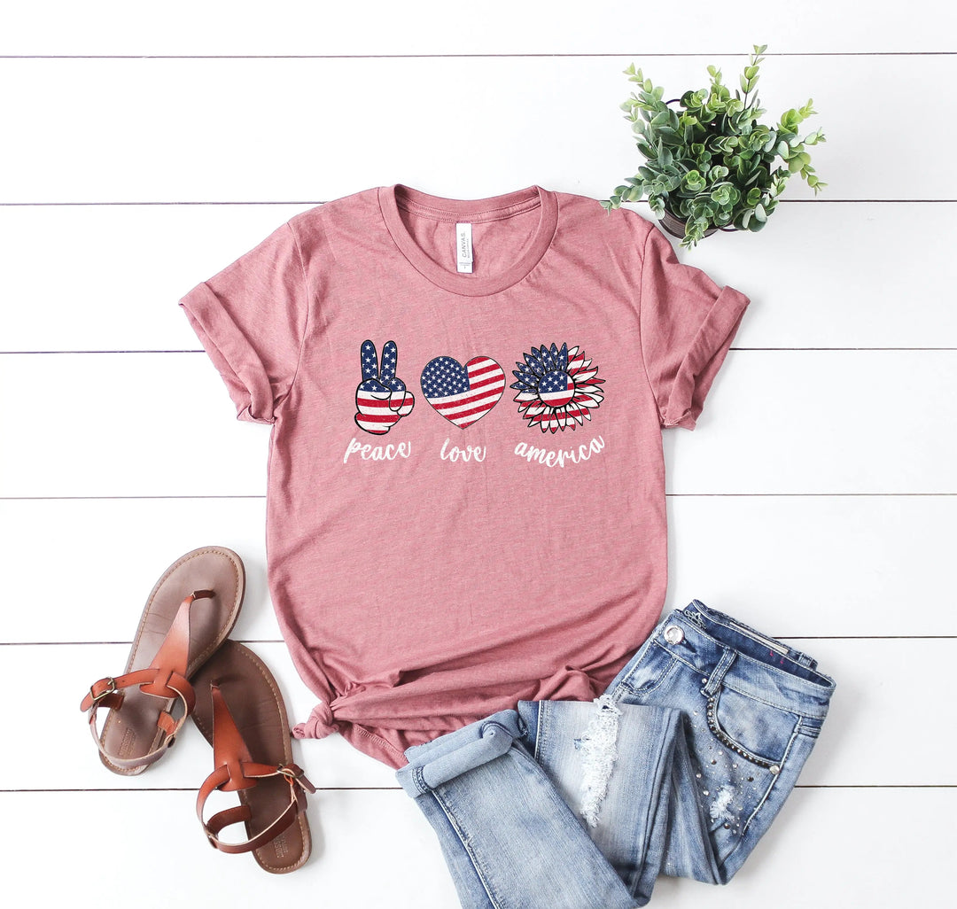 Peace Love America Shirt - USA Flag & Sunflower Patriotic 4th of July Tee Cypress DTF