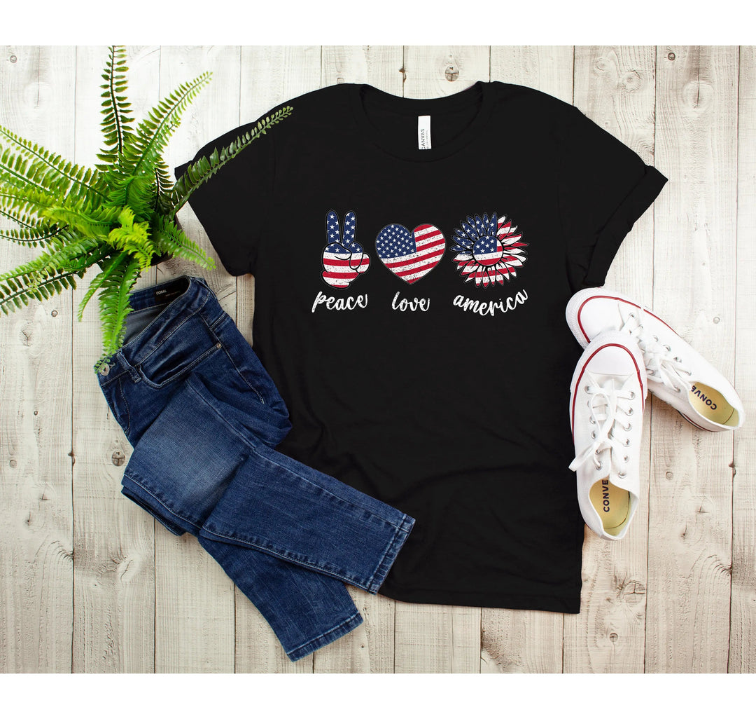 Peace Love America Shirt - USA Flag & Sunflower Patriotic 4th of July Tee Cypress DTF