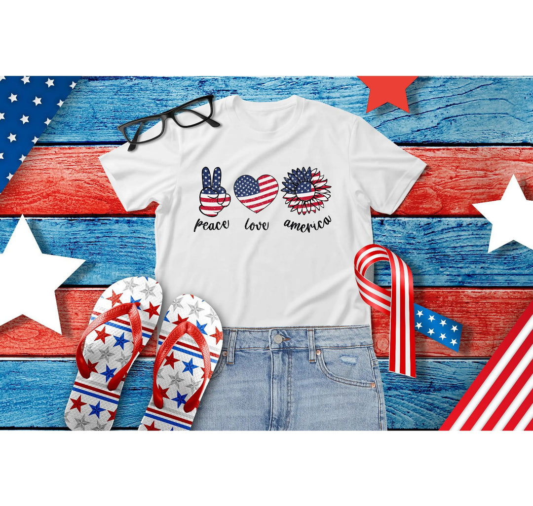 Peace Love America Shirt - USA Flag & Sunflower Patriotic 4th of July Tee Cypress DTF