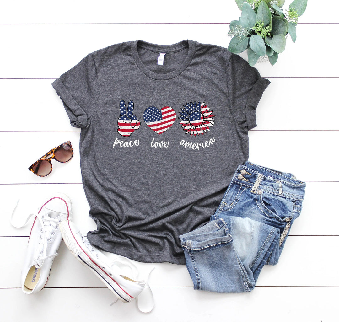 Peace Love America Shirt - USA Flag & Sunflower Patriotic 4th of July Tee Cypress DTF