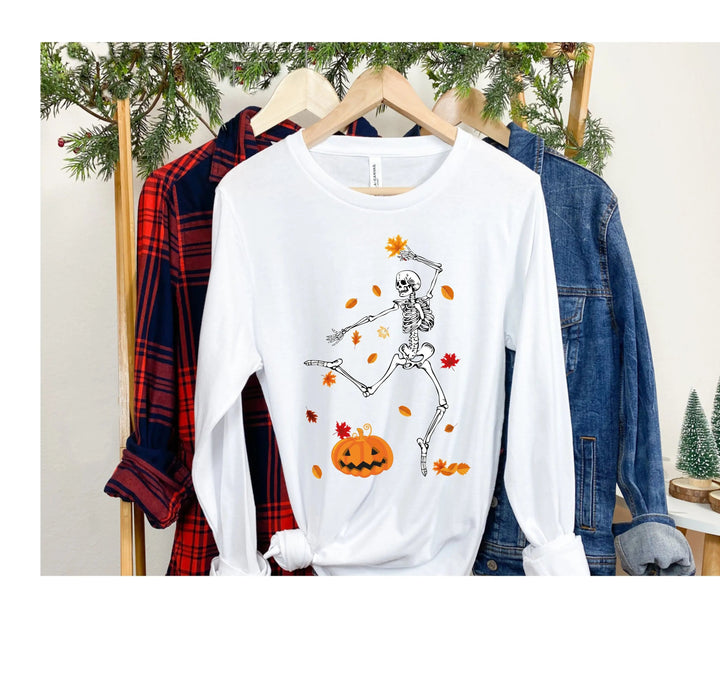 Skeleton Long Sleeve, Fall Pumpkin Tee, Halloween Thanksgiving Shirt for Women