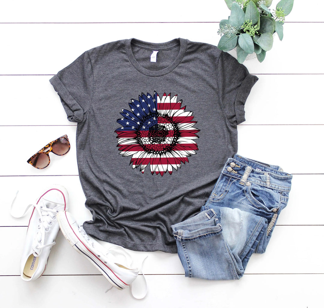 USA Flag Flower Shirt - America Sunflower Patriotic 4th of July Tee Cypress DTF